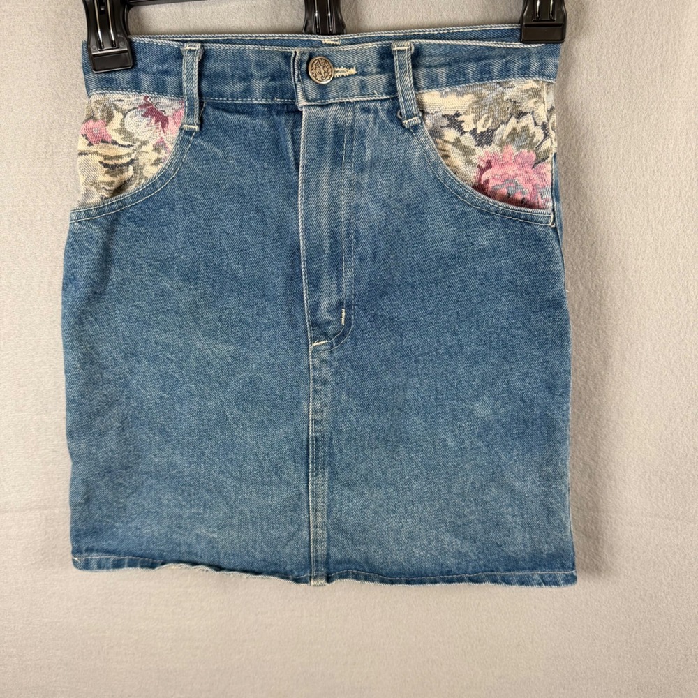 Sunset West Denim Skirt Womens 8‎ Blue Floral Tapestry Mini High made in USA VTG